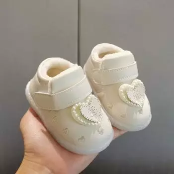 Zapatillasplush Детские прогулочные туфли Зимняя хлопковая обувь для младенцев и маленьких детей в возрасте от 0 до 2 лет Теплая обувь принцессы Кожаная обувь для девочек Детская обувь 16-insole11.5cm белый