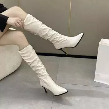 Zapatos Mujer Новые Простые Сексуальные Модные Туфли На Высоком Каблуке Осень/Зима Удобные и Теплые Повседневные Элегантные Длинные Сапоги Для Женщин 35 бежевый