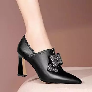 Zapatos Para Mujeres Женские туфли на толстом каблуке Новые осенние туфли-лодочки со стразами и бантом, сексуальные ботильоны для вечернего платья 34 бежевый