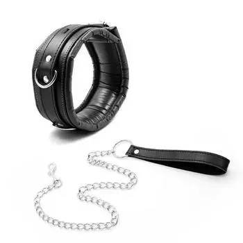 Запираемый кожаный SM-ошейник для дрессировки с цепочным поводком - секс-игрушка для взрослых with chain traction