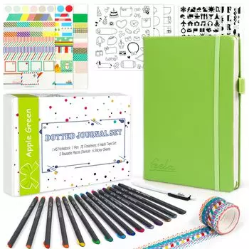 Записная книжка Feela Bullet Journal из искусственной кожи формата А5 с пунктирной ручкой, в комплекте пунктирный журнал на 224 пронумерованных страницы из искусственной кожи формата А5 (Светло-зеленый)Фила