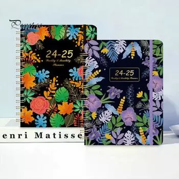 Записная книжка с цветочным принтом 2025 года, еженедельный ежемесячный планировщик, рулонная дизайнерская бумага, эластичная лента, закладка, журнал для записи встреч