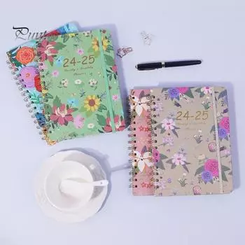 Записная книжка с цветочным принтом 2025 года, еженедельный ежемесячный планировщик, дизайн в виде катушки, плотная бумага, эластичная лента, закладка, журнал для записи встреч синий