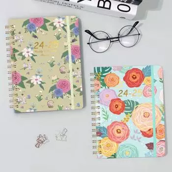 Записная книжка с цветочным принтом 2025 года, еженедельный ежемесячный планировщик, дизайн в виде катушки, плотная бумага, эластичная лента, закладка для встреч синий