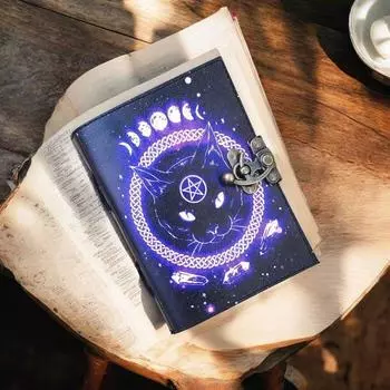 Записная книжка с рисунком кошки, кожаный журнал, винтажный блокнот ручной работы для записей и зарисовок, идеальный подарок для любителей кошек и писателей 7 x 5 in чёрный