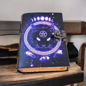 Записная книжка с рисунком кошки, кожаный журнал, винтажный блокнот ручной работы для записей и зарисовок, идеальный подарок для любителей кошек и писателей 7 x 5 in чёрный