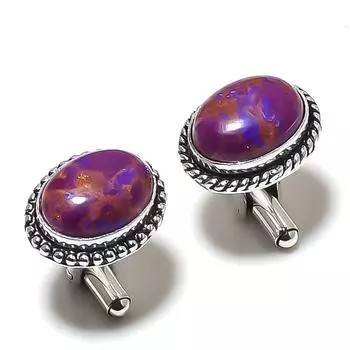 Запонки ручной работы из серебра 925 пробы цвета медь и бирюза Q7d55