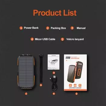 ZapZone 25000mAh Солнечное Беспроводное Зарядное Устройство Power Bank Для iPhone Samsung Xiaomi Powerbank Портативное Зарядное Устройство Водонепроницаемый Солнечный Внешний Аккумулятор 25000mAh чёрный