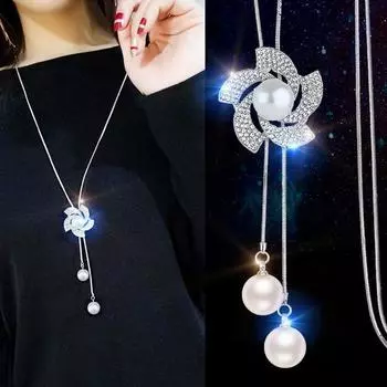 Заявление, блестящий кристалл подсолнуха, свитер-цепочка, колье, женское винтажное ожерелье с имитацией жемчуга и кисточкой, длинная цепочка, корейское роскошное ювелирное изделие для вечеринок белый