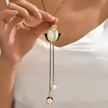 Заявление ожерелья из золотой цепи тюльпана для женщин винтажные хрустальные кисточки колье ювелирные изделия длинное колье женский подарок на вечеринку миндальный