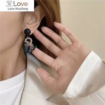 Заявление полые длинные черные серьги-клипсы в виде бабочки корейский темперамент серьги-клипсы для женщин без отверстий для ушей