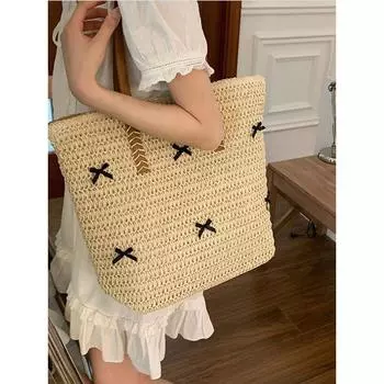 Zar Fenden Bow Vacation Beach Straw Bag Women 2025 New Large Capacity Shoulder Tote Bag Beige White