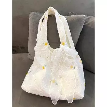 Zar Fenden Fresh Lace Flower Canvas Bag Women s 2025 New Arrival Large Capacity Shoulder Tote Bag White single bag