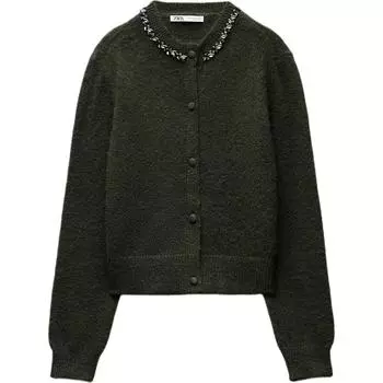 Zara Beaded Rhinestone Cardigan Round Neck Long Sleeve Knitwear Women tops Green 9598161-500 S