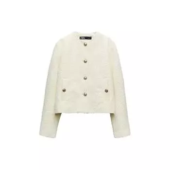 Zara Casual Solid Color Round Neck Long Sleeve Jacket Women jackets White 5854025-712 M