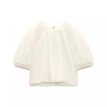 Zara Color Block Ribbed Puff Sleeve Shirt Women tops White 04437115712-34 S