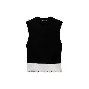 Zara Color Block Slim Fit Round Neck Sleeveless T-Shirt Women T-Shirts Black Nude 4770003-093 S