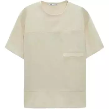 Zara Cotton Linen Pocket Detail Round Neck Short Sleeve T-Shirt Men Tops Beige 7545260-052 XL