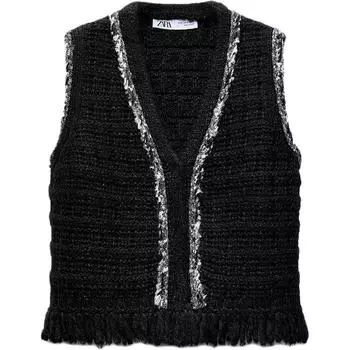 Zara Fringe Knit V-Neck Vest Women tops Black 8146105-800 S