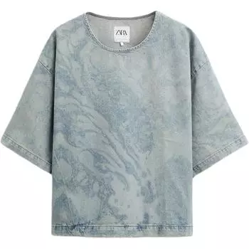 Zara Футболка мужская джинсовая с круглым вырезом и коротким рукавом с абстрактным принтом, синяя 6688304-400 L