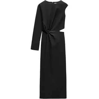 Zara Hollow Round Neck One Sleeve Side Split Long Sleeve Dress Women dresses Black 9304459-800 XS