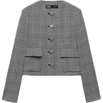 Zara Houndstooth Short Sleeve Casual Blazer Women blazers Black White 09161114-35 XL