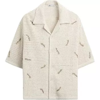 Zara Loose Beaded Crochet Short Sleeve Shirt Men shirts Off-White 0881304-712 M