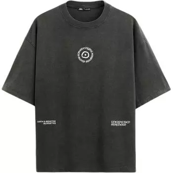 Zara Loose Color Block Letter Print Washed Round Neck Short Sleeve T-Shirt Men Tops Gray 0495313-898 M