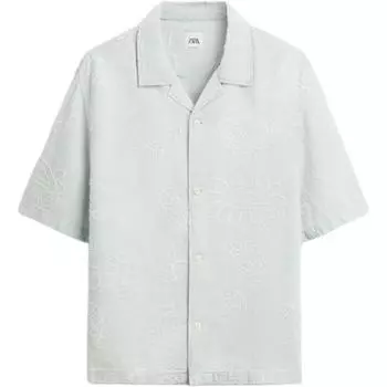 Zara Loose Cotton Linen Blend Polo Shirt Men shirts Light-Blue 1820325-406 L