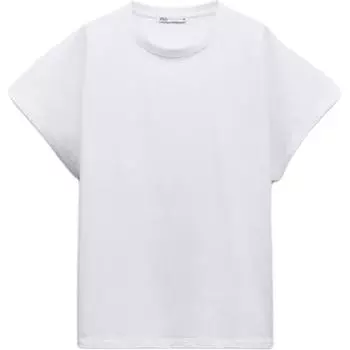 Zara Loose Fit Drop Shoulder Round Neck Pullover Comfortable Short Sleeve T-Shirt Women Tops White 2335169-250 L