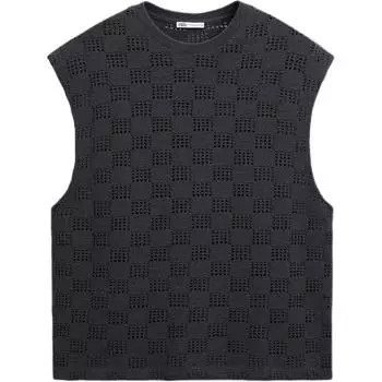 Zara Loose Jacquard American Round Neck Sleeveless T-Shirt Men Tops Gray 3992318-802 L