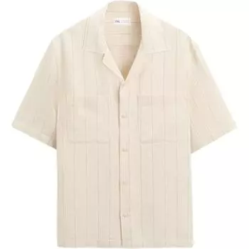 Zara Loose Striped Lapel Casual Short Sleeve Shirt Men shirts Off-White 4817817-712 M