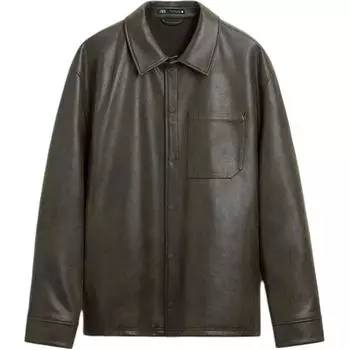 Zara Minimalist Comfortable Versatile Casual Lapel Long Sleeve Leather Jacket Men jackets Black 3715302-700 S