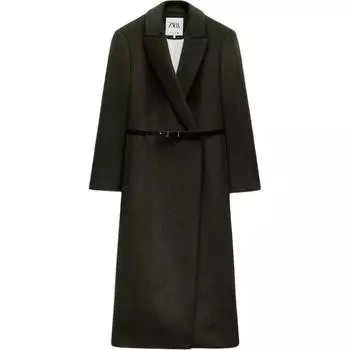 Zara Минималистичное удобное однотонное женское пальто с завязками на талии, темно-хаки 3811241-505 L