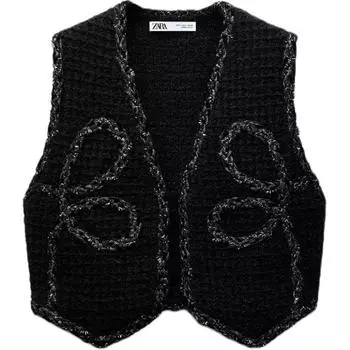 Zara Модный передний открытый яркий трикотажный жилет женский топ черный 4192121-800 S