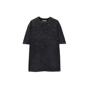 Zara Однотонная повседневная футболка с круглым вырезом и коротким рукавом, украшенная ювелирными изделиями, женские топы темно-серого цвета 1165166-807 XL