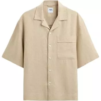 Zara Однотонная удобная рубашка с коротким рукавом на пуговицах, мужские рубашки бежевого цвета 1195410-052 XL