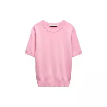 Zara Однотонный простой круглый вырез с коротким рукавом вязаный свитер женский свитер светло-розовый 8851007-645 S