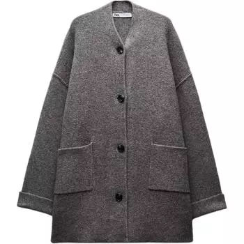 Zara Однотонный вязаный кардиган с V-образным вырезом и карманом, женский свитер, грязно-серый 5755125-803 M