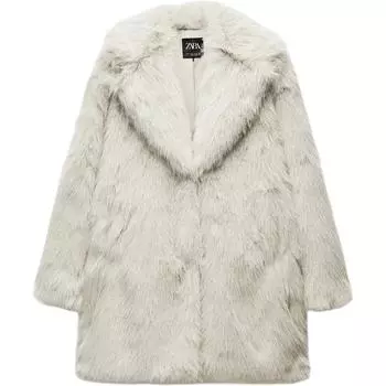 Zara Пальто плюшевое с длинным рукавом и воротником, женские пальто бежевого цвета 6318242-712 S