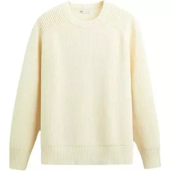 Zara Plain Simple Round Neck Pullover Knit Sweater Men sweater White 5755401-712 M