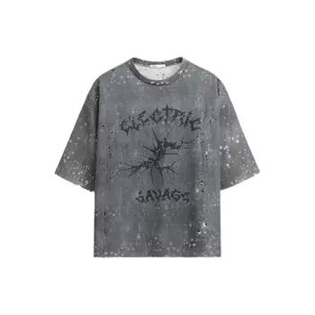 Zara Повседневная футболка с принтом, с эффектом потертости, со спущенным плечом, с круглым вырезом, с коротким рукавом, мужской топ, серый 0794400-802 L