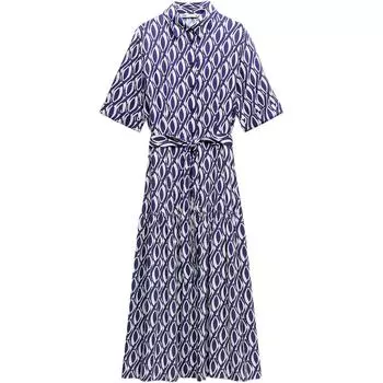 Zara Printed V-Neck Waist-Defined Long Short Sleeve Dress Women dresses Blue 5216042-400 L