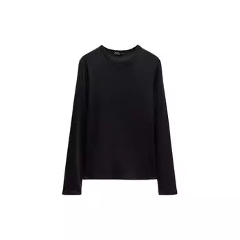 Zara Ribbed Solid Color Round Neck Long Sleeve T-Shirt Women tops Black 4174638-800 S