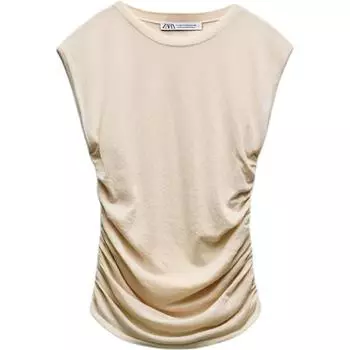 Zara Round Neck Pullover Solid Color Knit Sleeveless T-Shirt Women tops Beige 3519019-710 XS