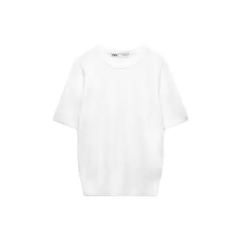 Zara Round Neck Short Sleeve Pullover Solid Color T-Shirt Women tops White 8851017-250 M
