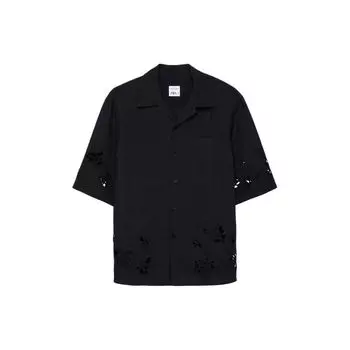 Zara Рубашка мужская Studio Series однотонная, удобная, с коротким рукавом и ажурной вышивкой, черная 4088702-800 M
