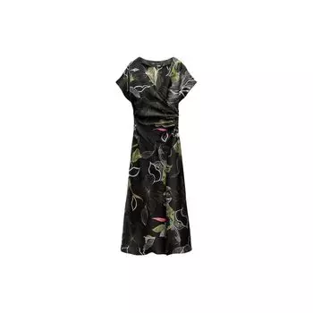 Zara Satin Feel Printed V-Neck Midi Short Sleeve Dress Women Dresses Black Green 2398113-031 S