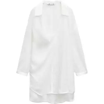 Zara Solid Color Asymmetrical Versatile Polo Collar Long Sleeve Shirt Women shirts White 2994343-251 S