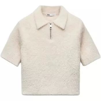 Zara Solid Color Comfortable Soft Short Sleeve Polo Shirt Women tops Beige 5063837-712 M